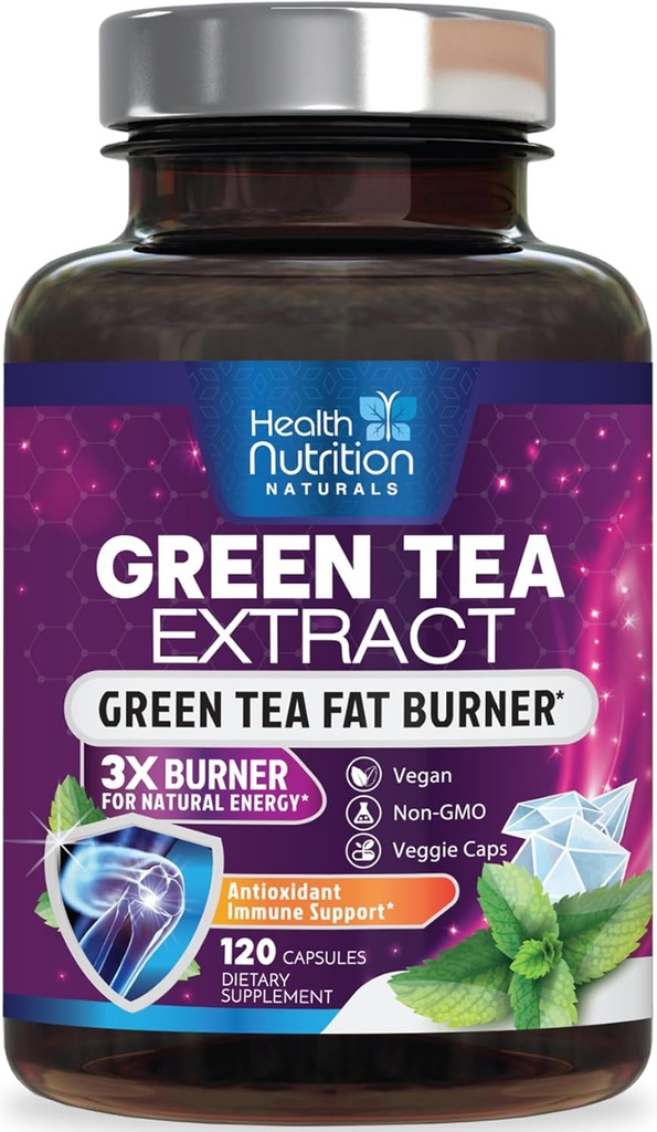 Grønn Tea Extract piller - 98% Standardisert EGCG 1300mg 3X Styrke for naturlig energi - støtter hjerte og antioksidant helse Herbal & Immune Support Supplement Polyfenoler & Catechiner - 120 Kapsler