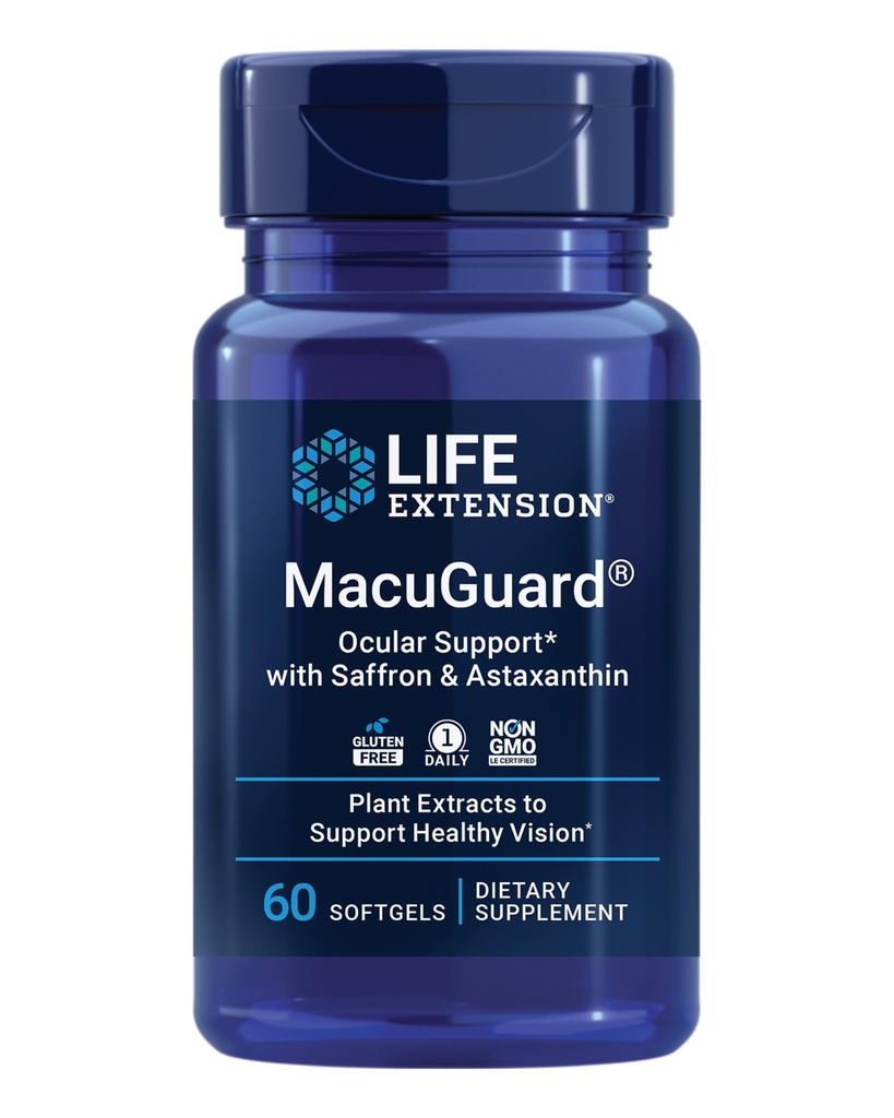 Livsforlengelse MacuGuard Okulær støtte med Saffron & Astaxanthin – Øyehelse Supplement for sunn visjon – med Lutein, zeaxanthin, Meso-zeaxanthin – Glutenfri, ikke-GMO – 60 mykegels