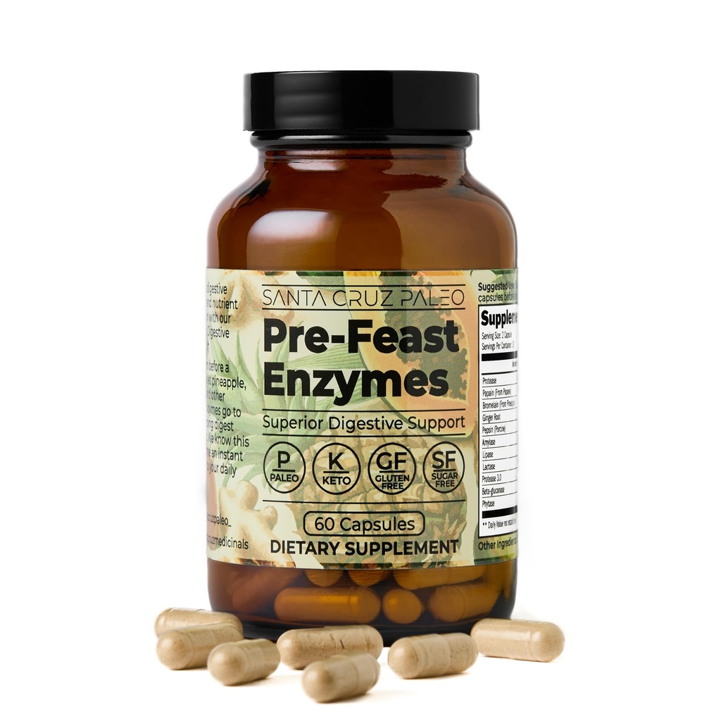Santa Cruz Paleo Pre-Feast Digestive Enzymer for kvinner og menn, Fiber Supplement for Gut Helse og Digestive Helse, Glutenfri, Keto, Sukkerfri, Paleo, med Bromelain, Ginger Root, 60 Kapsler