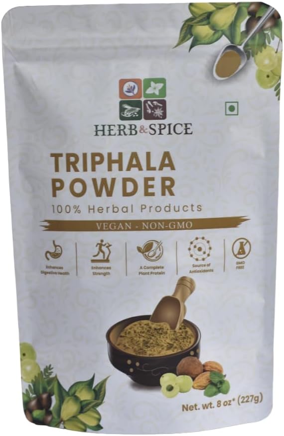 Triphala pulver ikke GMO, Glutenfri, 100% rå, utgitt fra India, Herbal formel av Amla, Haritaki, Bibhitaki, pakket i forseglbar Zip Lock Pouch (227 gram)