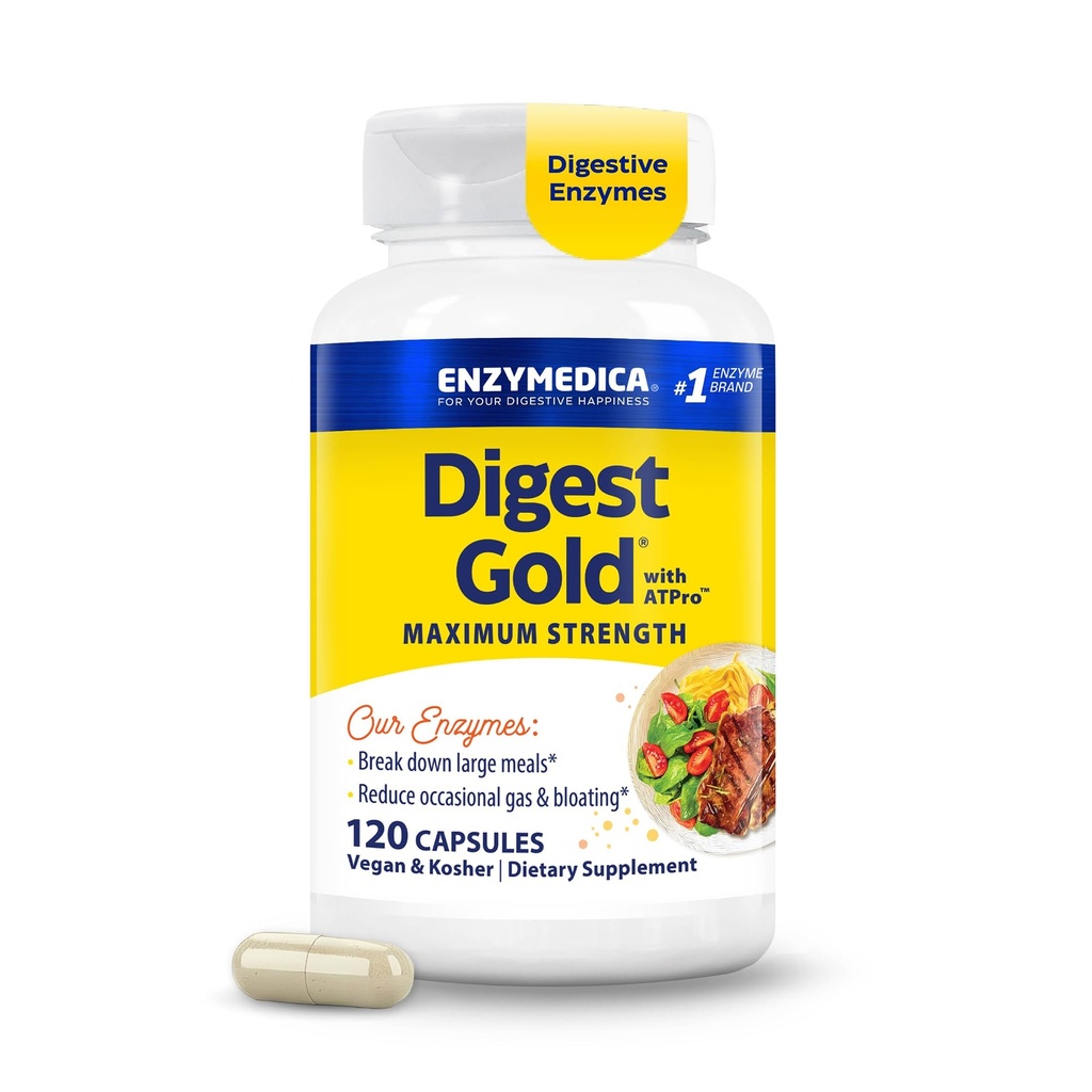 Enzymedica Digest gull + ATPro, maksimal styrke digestive enzymer, hjelper Digest store måltider, for gass og blomstring, 120 kapsler