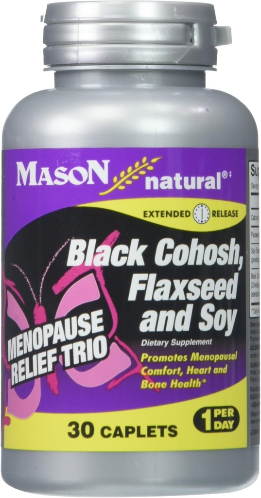 MASON NATURAL Menopause Trio: Black Cohosh, Flaksfrø, & Soy (utendørs utgivelse) - Kan alleviate Hot Flashes & Night Sweats*, støtter sunn hormonbalanse*, 30 Caplets