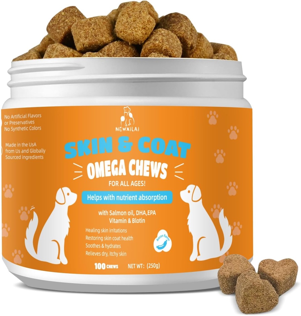 Hud og coat Chews for hunder - kløende hud hund Supplement støtte varme flekker komfort og shedding allergi felles helse med Omega 3 Fish Oil, EPA & DHA fettsyrer, Bacon Flavor 100 grev myk behandlinger