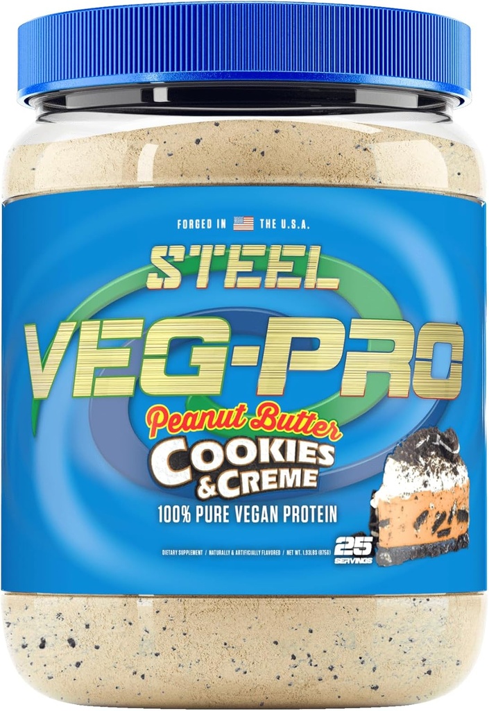 Steel Supplements Veg-PRO | Vegansk Protein pulver, Peanut Smør Cookies & Creme | 25 serveringer (1.93lbs) | Vegansk Protein pulver med BCAA Aminosyre | Non Dairy