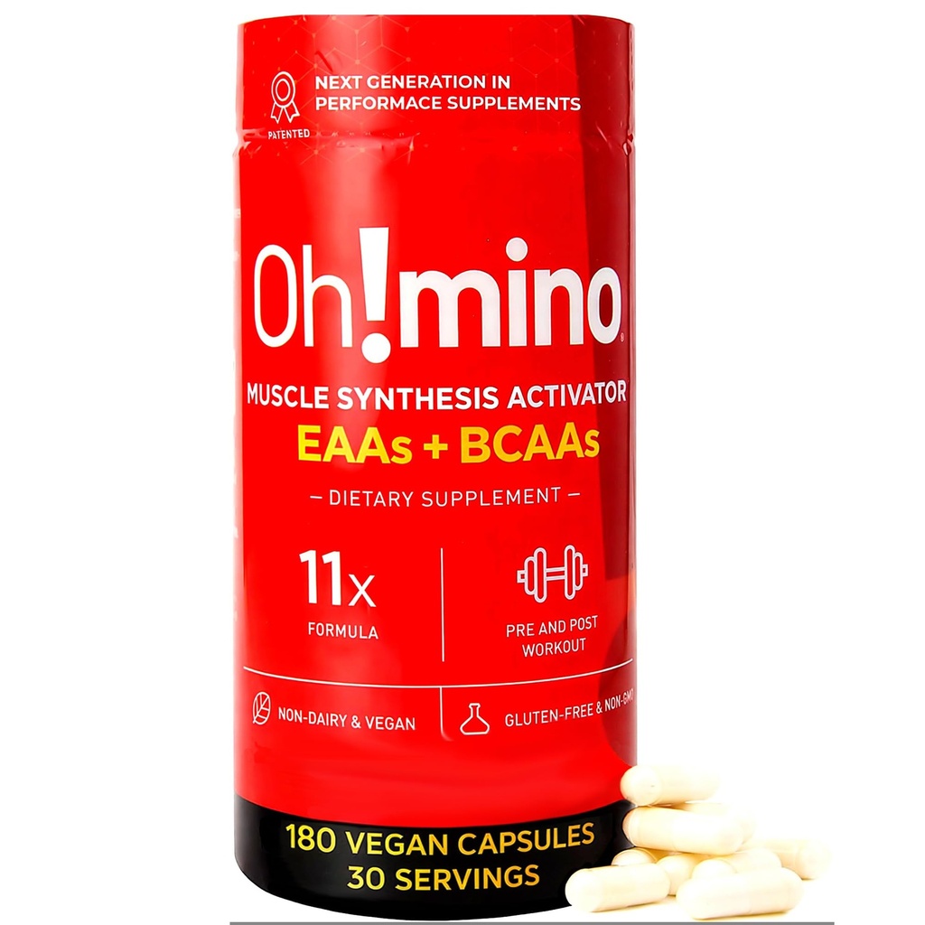 Oh!mino essensielle Aminosyrer Supplement. Koffeinerte kapsler. Alle 9 EAA, BCAA og den perfekte Amino for trening, Amino energi, og å bygge muskler, og gjenopprette raskere.