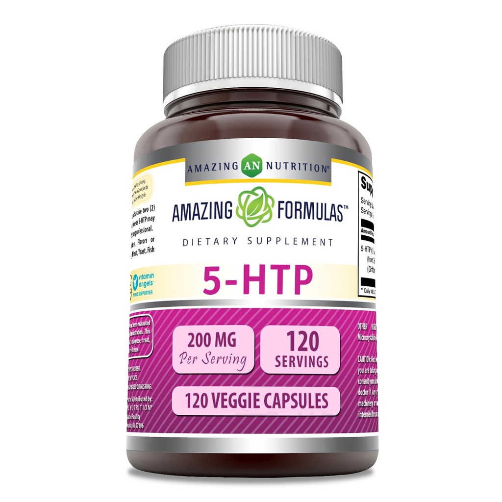 Amazing Formler 5-HTP (L-5-hydroxytryptophan) Supplement | 200 Mg per servering | Veggie Kapsler | Ikke-GMO | Glutenfri | laget i USA (1 pakke | 120 greve)