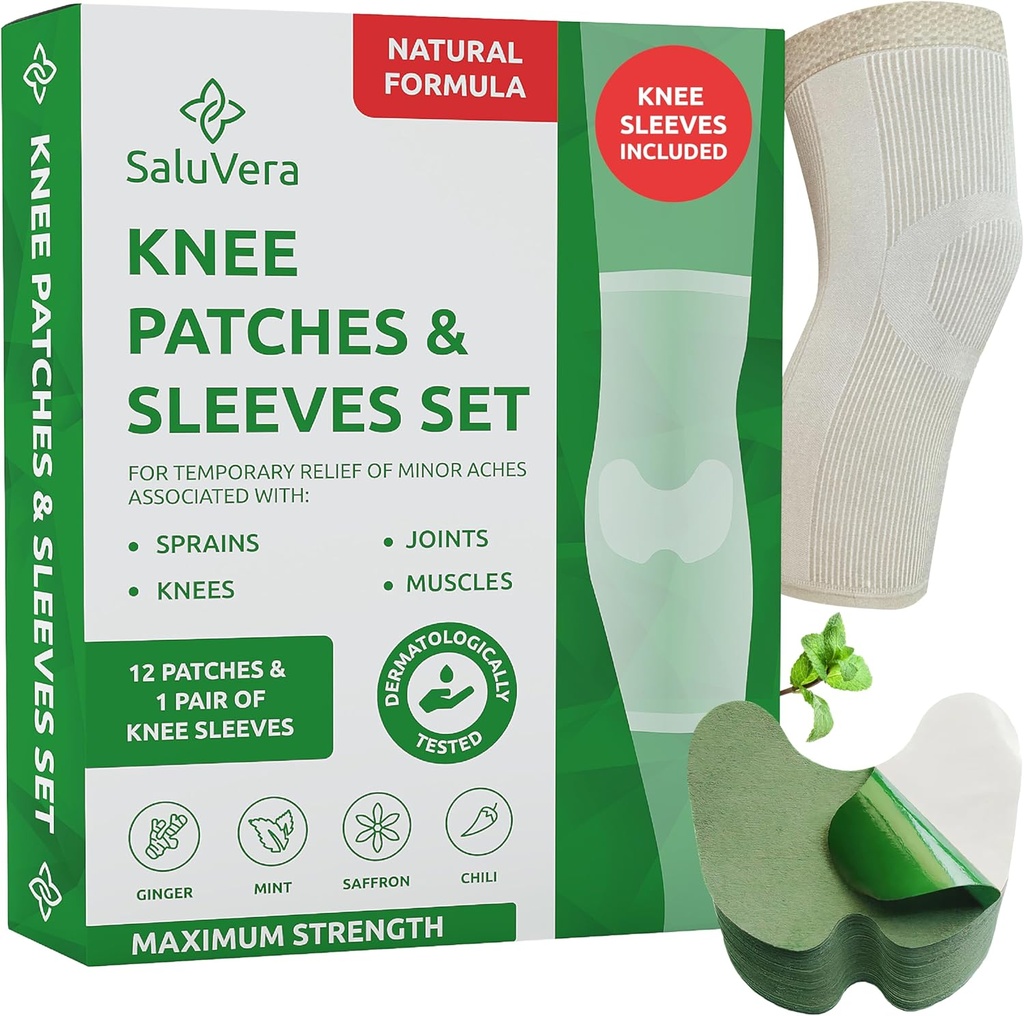 Oppvarming Herbal Knee Patches med 2 Kompresjonsermer - selvoppvarmende relief Patches for menn og kvinner, naturlige ingredienser for beroligende støtte (12 Patch + 2 Kompresjonsermer)