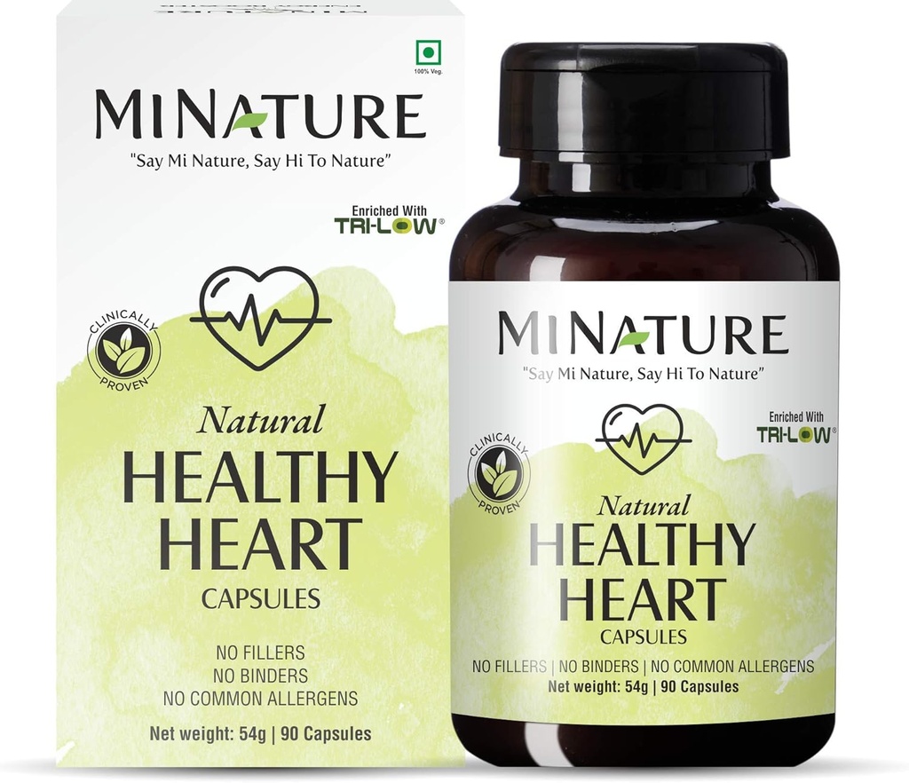 minatur Sunn hjerte kapsler beriget med TRI-Low av mi Nature | 90 Veg kapsler | 45 dagers forsyning | 1000 mg | TRI lav, Amla ekstrakt, hvitløk ekstrakt, Arjuna ekstrakt | laget av indiske urter