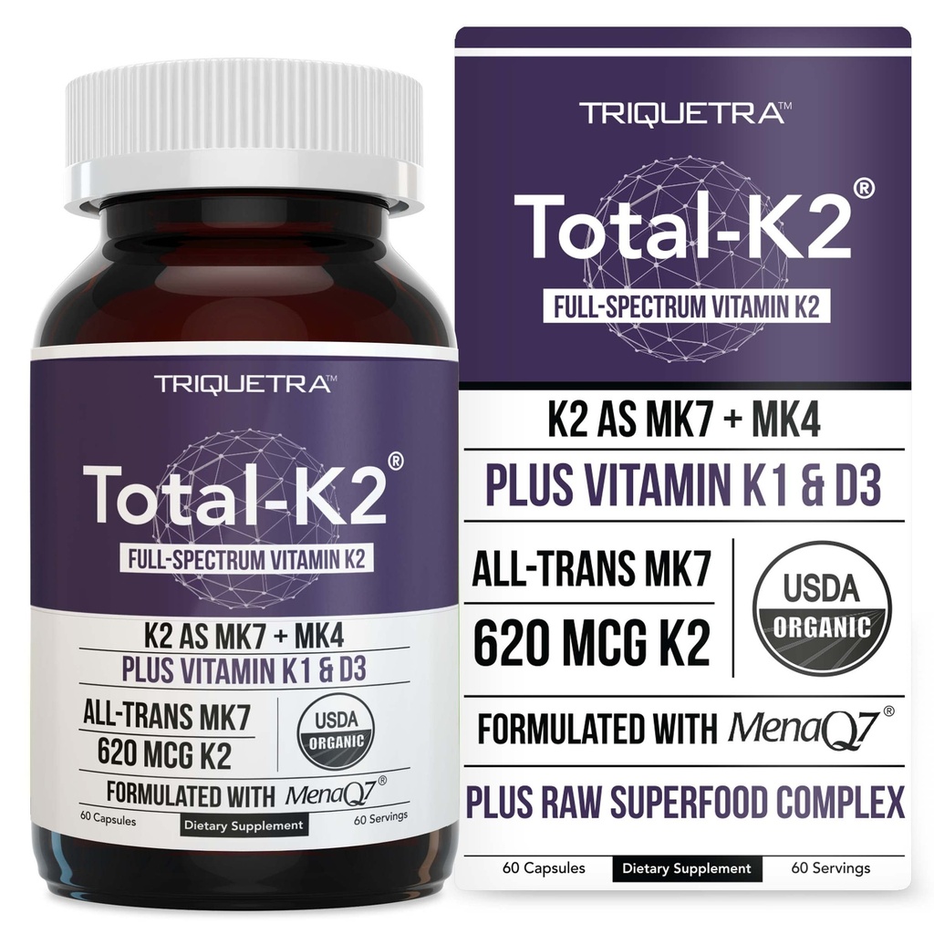 K2® vitamin K2 som MK7 & MK4 Plus K1 & vitamin D3 kofaktor - 620 mg K2 per servering - All-Trans MK7 fra MenaQ7® - Full-Spectrum Vitamin K - Vegansk, organisk sertifisert (60 kapsler)