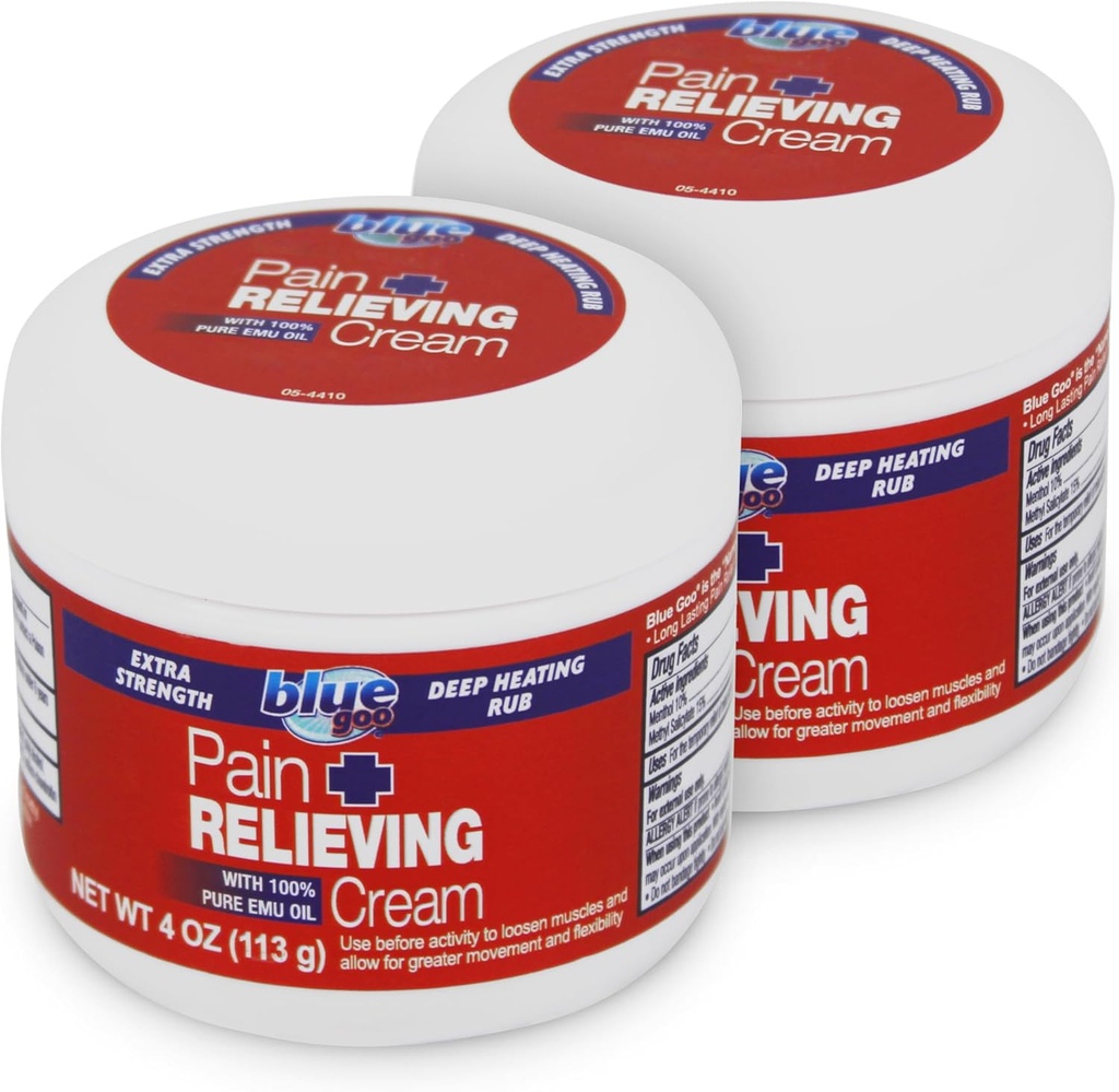 Blå Goo Maks styrke smerte lindring krem - dyp oppvarming Rub for rygg/hals, Sports Muskel/Joint, Sprains, Bursitis, Strains - 2 pakker 4 oz, laget med 100% ren emu olje