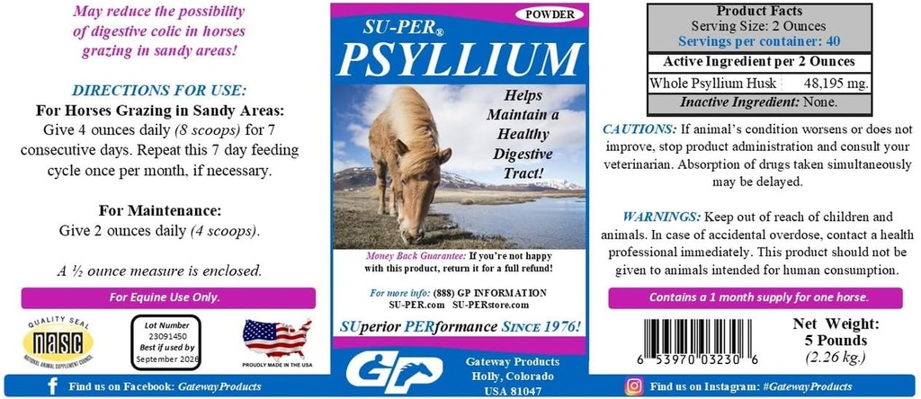 SU-PER Psyllium Horse Digestion Supplement - opprettholder Sunn Digestive Tract i hester - støtter fjerning av sand og dirt fra intestinal Tract - 5 pund, (2 pakke)