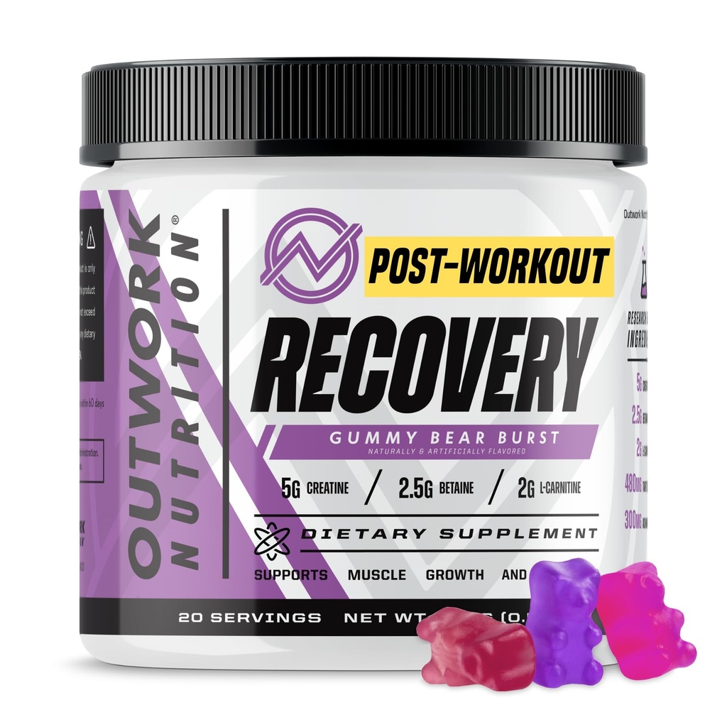 Outwork Nutrition Post Trening Recovery pulver - Kreatin Monohydrat, KSM-66 Ashwagandha & Tart Cherry - Speeds Recovery, Eases Soreness - Kreatin pulver for menn og kvinner, Gummy Bear Burst, 230 Gr