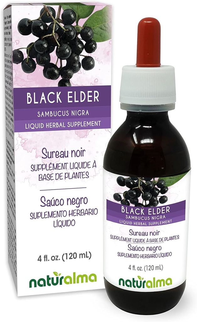 Naturalma Black Elder (Sambucus nigra) Blomster (ilderblomster) og frukt (elderbær) alkoholfri tinktur - 4 fl oz flytende ekstrakt i dråper - Herbal Supplement - Vegan