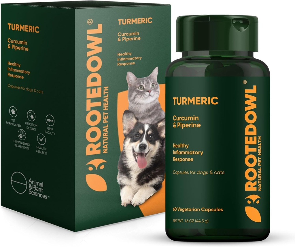 Rooted Owl Turmeric - Turmeric Supplement for hunder og katter - med Curcumin, Piperine og vitamin C for anti-inflammatorisk relief - 60 /ct