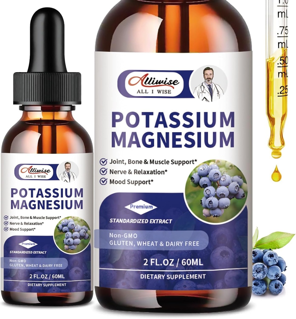 2 Pack Kalium Magnesium Supplement Liquid - høy absorpsjon Calcium Complex & Kalium Plus Kalsium, vitamin D3, sink for benkramper og bein & energi og immunstøtte - 4 Fl oz