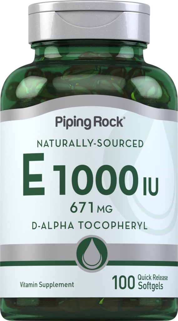 Piping Rock Vitamin E 1000 IU Softgel Kapsler | 671mg | 100 piller | D-Alfa Tocopheryl Supplement | Ikke-GMO, Glutenfri