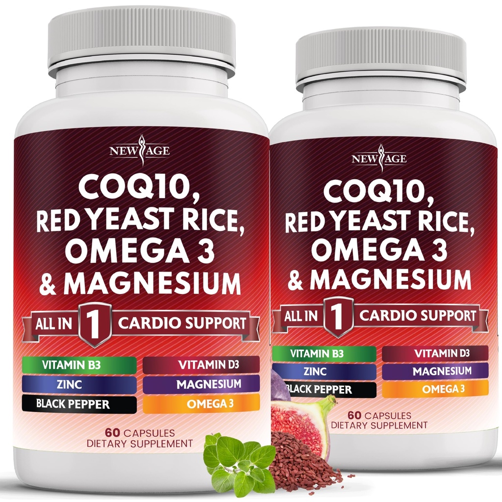 Ny Age COQ10 200mg Rød Yeast Rice 3000mg Omega 3-6-9 3000mg Magnesium Complex 500mg Sink Vitamin K2 D3 - Vitaminer for kvinner og menn med vitamin B3, Coenzym Q10-120 Count