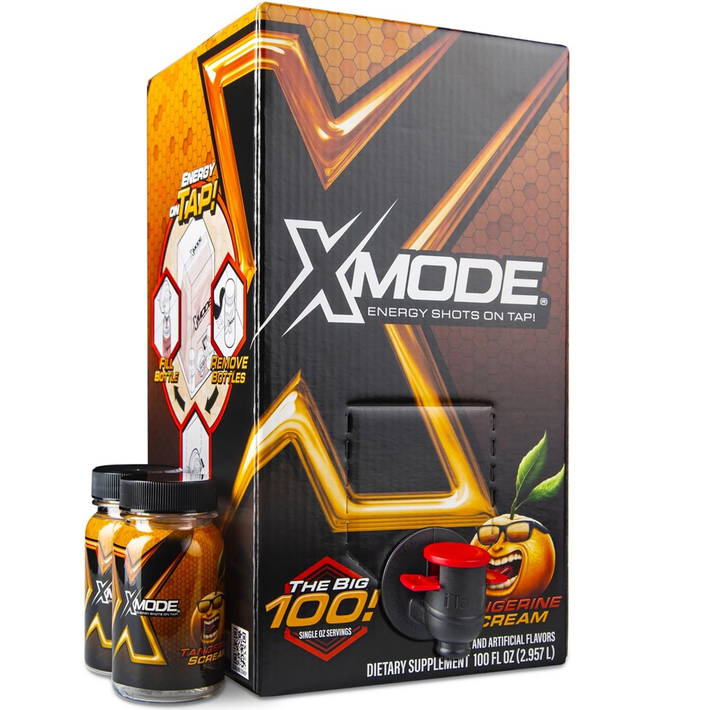 XMODE Extra Styrke Energi Shots på trykk - Tangerine Flavor, Sukker Free, 150mg Koffein per oz, B12, 100 (1oz) Serverer, Dispenser med 2 Påfyllbare flasker