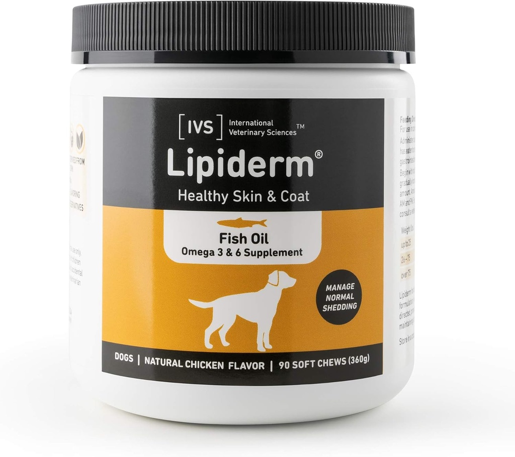 Ny Internasjonal Veterinary Sciences IVS Lipiderm Hud og Coat Fish Oil Omega 3 og 6 Kosttilskudd Hunder, laget i USA (Soft Chews, 90 greve)