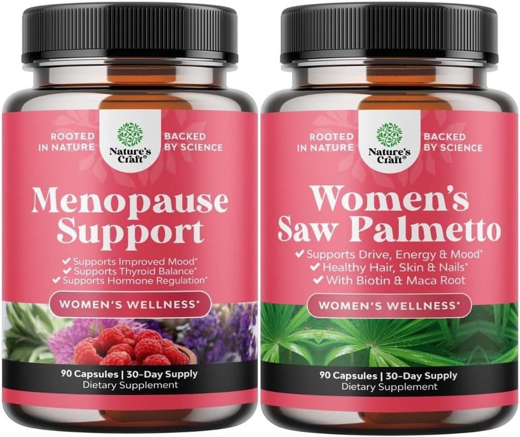 Bundle av Menopause Supplement for Hot Flashes med Dong Quai Vitex Chaste Berry & Black Cohosh og ekstra styrke så Palmetto for kvinner 500mg - DHT Blocker Hårtap Supplement med Maca Root & Biotin