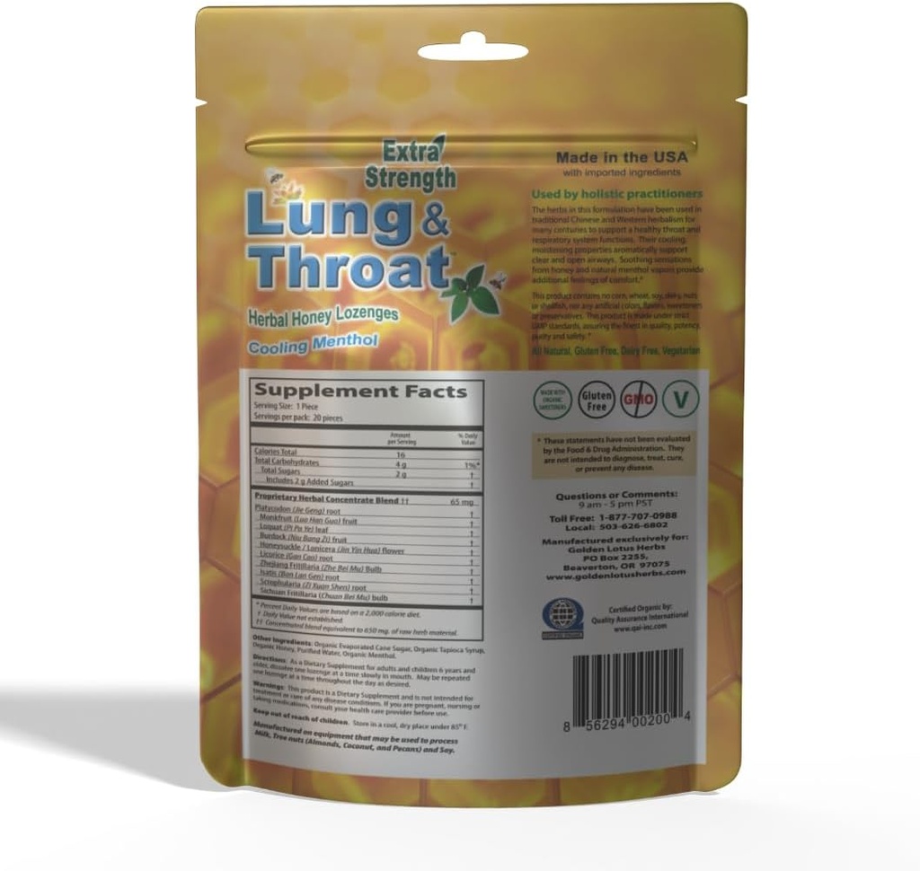 Lung & Throat Herbal Lozenges – QAI Certifisert Organic | Soothing Honning Mint Cough Drops – 6-Pack