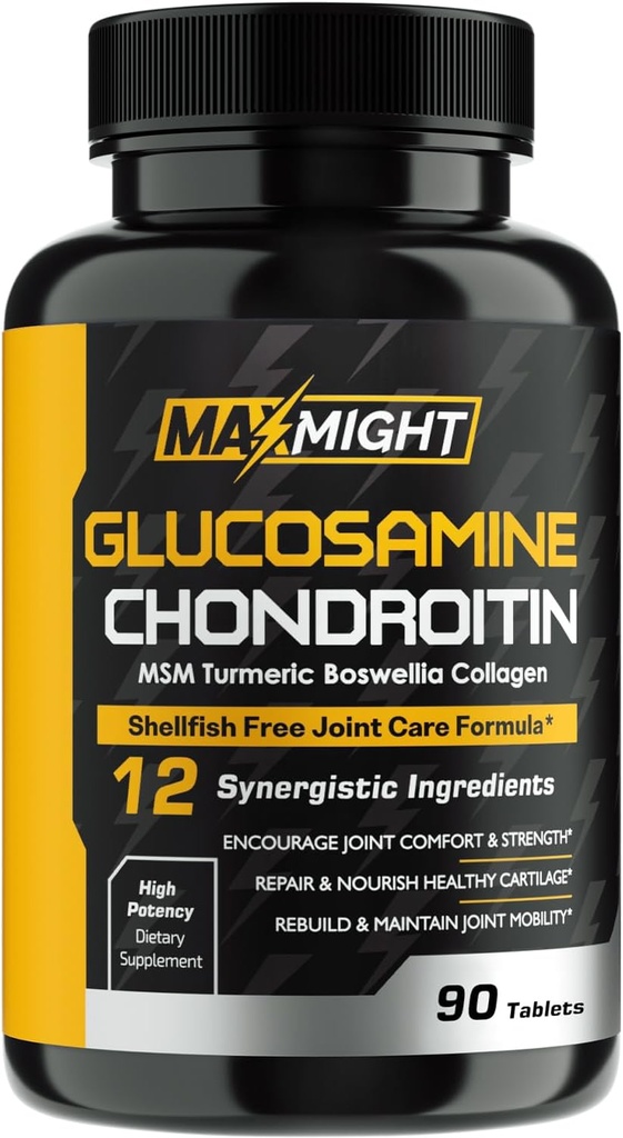 Glucosamine Chondroitin MSM Turmeric, Boswellia, 12-i-1, felles komfort, mobilitet, smøring og styrke for menn kvinner og eldre, 90-fanen, Ingen skallfisk