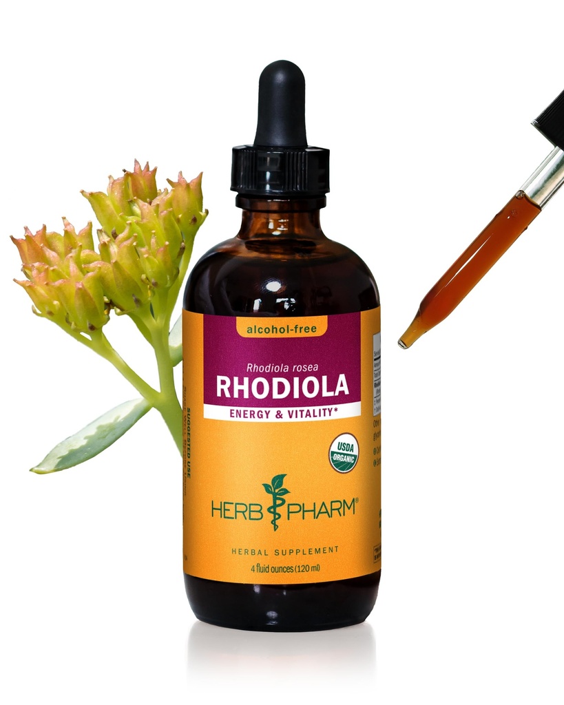Herb Pharm Certified Organic Rhodiola Root Extract for energi, utholdenhet og utholdenhet, alkoholfri glyceritt, 4 Ounce
