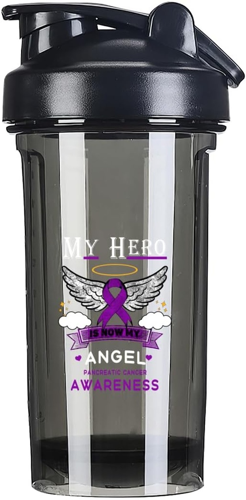 Min helt er nå min engel Pancreatic Cancer 18 Ounce Shaker flaske drink blander lakk-sikker pre trening protein rister måltid erstatning rister flasker 500ML/18 Oz svart