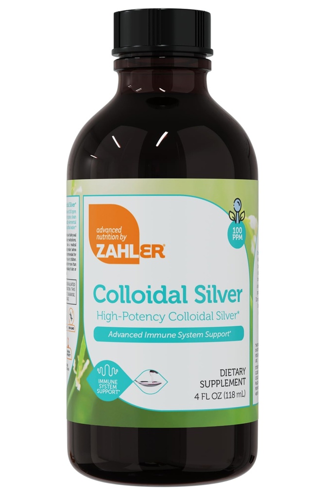 Zahler Colloidal Silver Liquid - Avansert immunstøtte og generell helse - 100 PPM Bio-aktiv flytende sølvkolloidal væske - Kosher vegetarisk ikke-GMO Strukturert kolloidal sølv vann (4 fl oz)