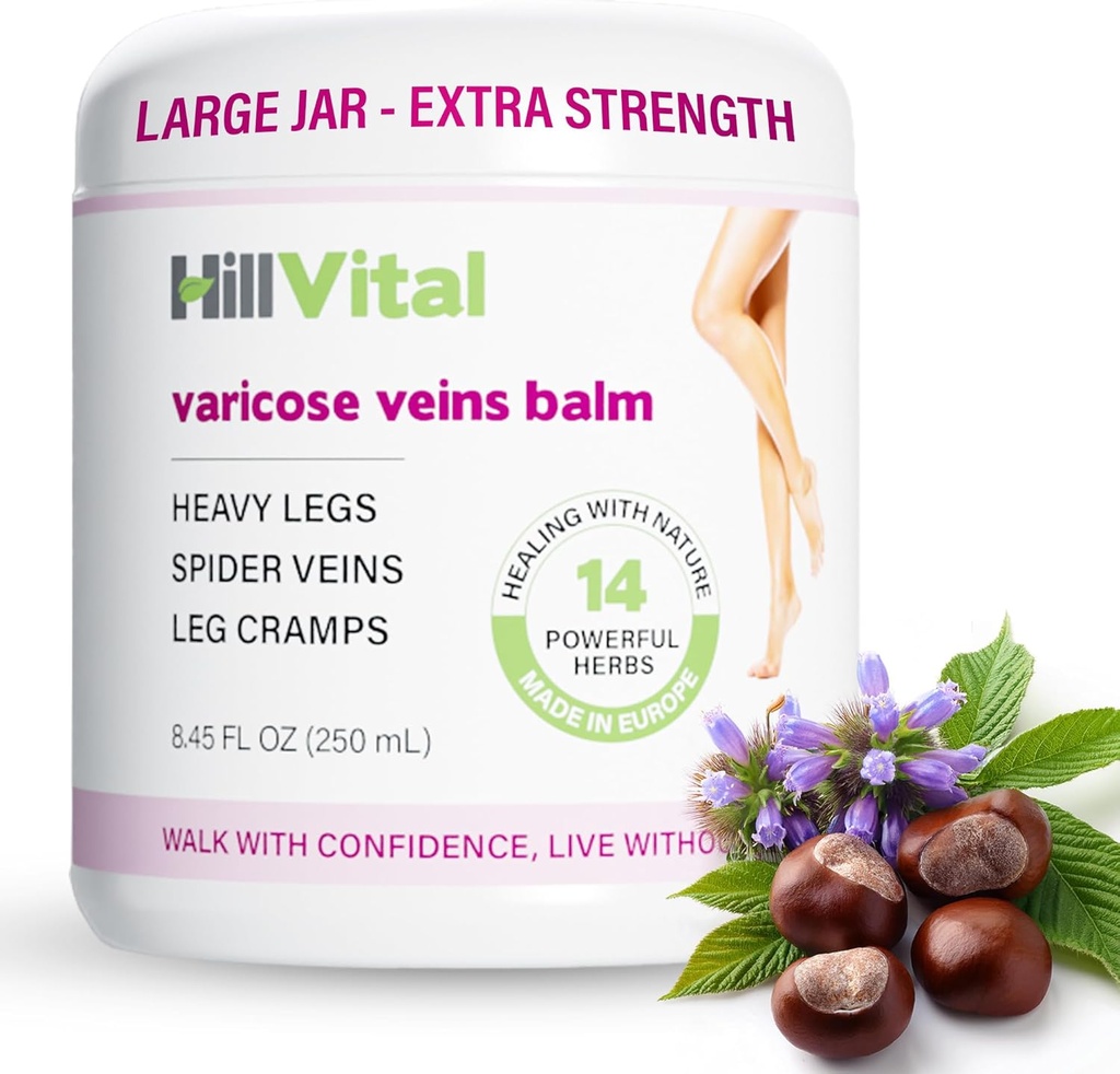 HillVital Varicose Veins behandling for ben, Naturlig Varicose Vein Cream & Spider Vein behandling for ben og andre kroppsdeler, Premium hest Chestnut krem for puffed vener, infundert med 14 urter