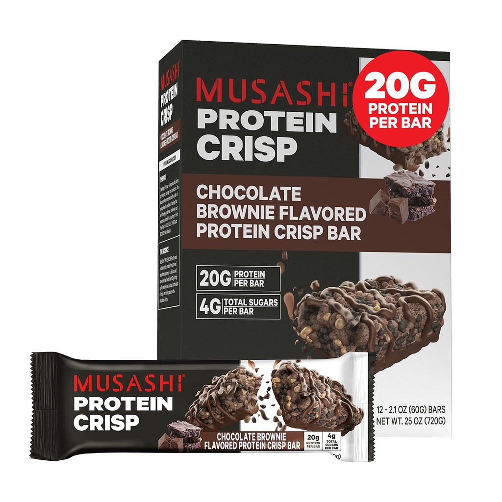 MUSASHI Protein Crisp Bar, 20g Protein, 4g Total Sukker, Sjokolade Brownie, Post Trening og Snack on the Go, 12 Pack of 2.1oz (60g) Bars