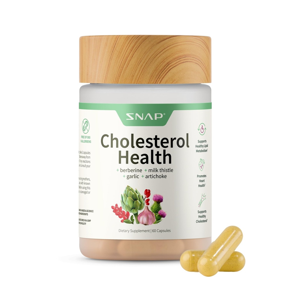 Snap Supplements Kolesterol helse - Naturlig støtte for hjerte, lever, digestiv og metabolsk helse, 60 vegetariske kapsler (30 serveringer, 1 måneds forsyning)