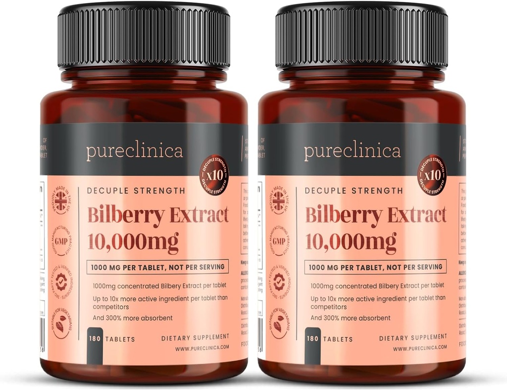 renclinica Bilbær Ekstrakt 10.000 mg x 360 tabletter (2 flasker) - 10 X Mer anthocyanidins per tablett enn de fleste andre - og 5 mg svart pepper ekstrakt for 300% økt absorpsjon