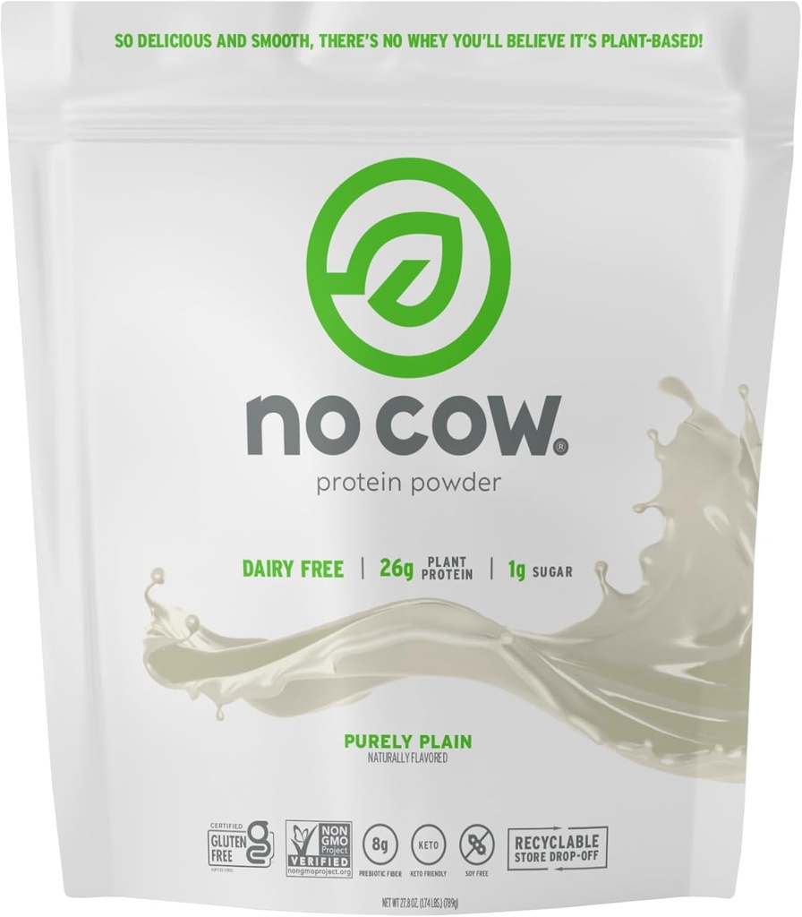 No Cow Vegan Protein pulver, ren vanlig, 26g Plante Basert Protein, Resirkulerbar Veske, Dairy Free, Soya Free, Ingen sukker tilsatt, Keto vennlig, Glutenfri, Naturlig søtet, Ikke GMO, Kosher, 1,74 Pound