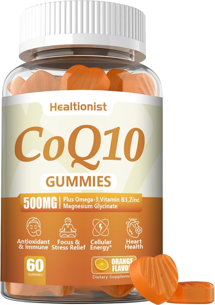1 Pack 500MG Coq10 Gummies - 3X Bedre absorpsjon, Plus Omega-3, Magnesium, vitamin B3 & Sink - Coenzym Q10 Kosttilskudd for hjerte helse, cellulær energi og antioksidant, Vegansk, 60 Antall