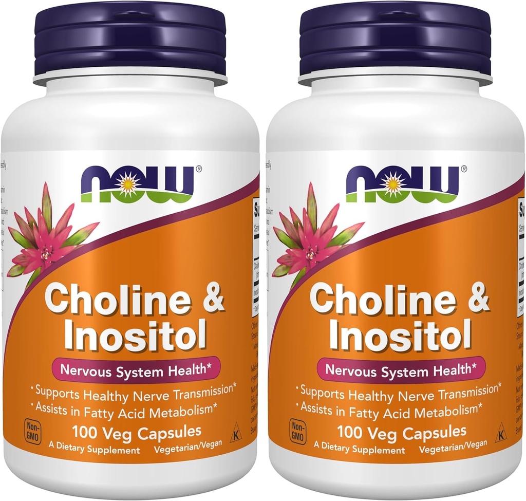 NÅ Kosttilskudd, Choline & Inositol 500 mg, sunn nerveoverføring*, nervesystem helse*, 100 kapsler (pakke på 2)