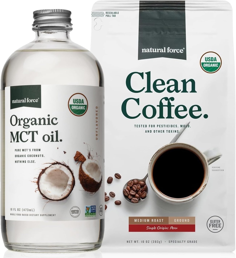Natural Force Organic Ground Clean Coffee + Organic MCT Oil Bundle – 100% ren kokosnøtt MCTs & Mold & Mycotoxin Gratis kaffe – ikke-GMO, keto, paleo og vegansk - 10 Oz Bag og 16 Oz Glass Flaske