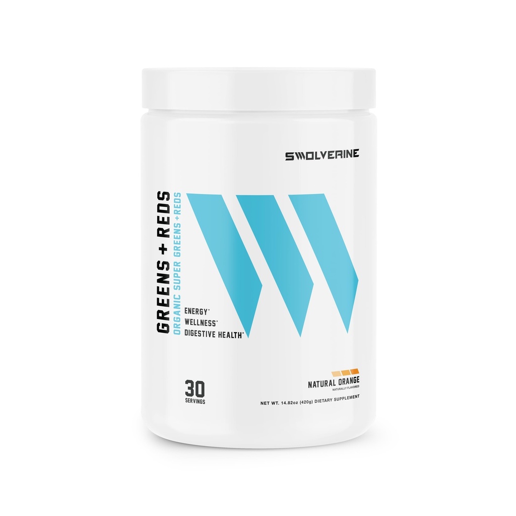 Swolverine Greens & Reds ® Super Grønne og Røde pulver med Spirulina, Klorella, hvetebønner, Pomegranate, Beet Root, Turmeric, Naturlig Orange Flavor (30 Services)
