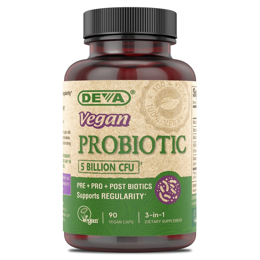 DEVA Vegan Probiotic Supplement - Pre, Pro, and Postbiotics for Digestive Health, 5 Billion CFU, Soil-Based, Spore-Forming, Dairy Free, FOS Prebiotics, for Women and Men, Vegan Capsules, 90 Count
