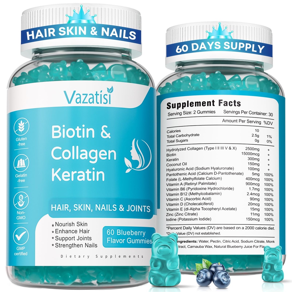 2 Pack Biotin Gummies med collagen og keratin for hår hud negler- kvinner menn, barn - 120 blåbær flavored gummi