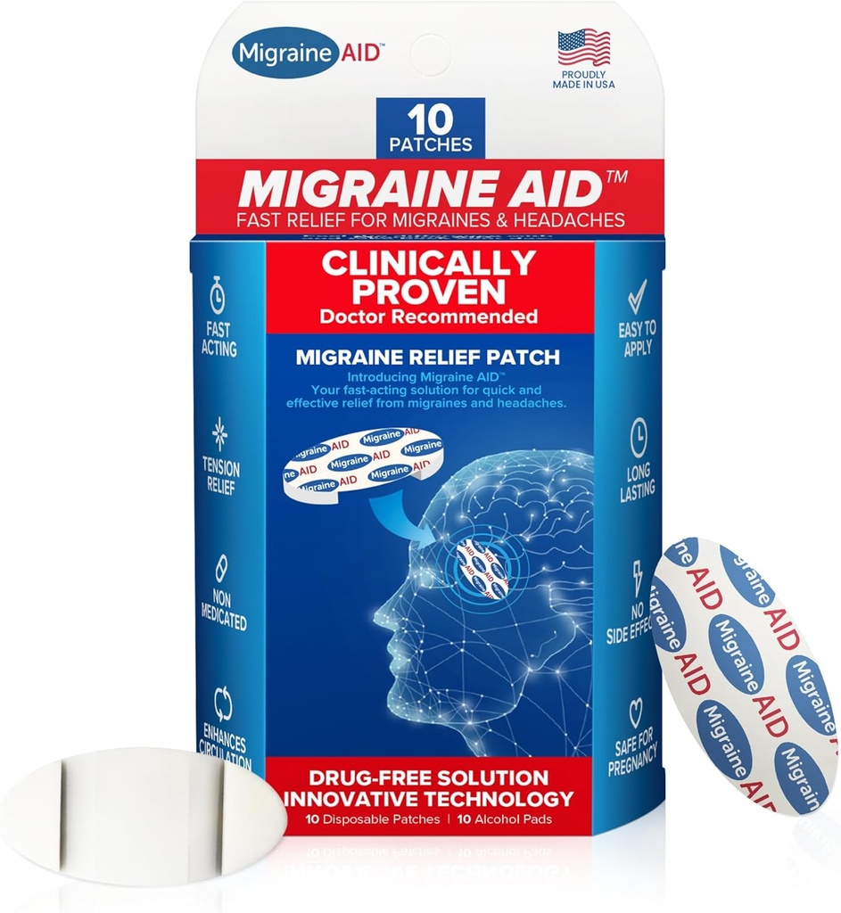 Migraine AID Migraine Relief Patches - Raskvirkende, ikke-medisinert støtte for hodespenning, enkel å påføre hodepine patches, trygt for daglig bruk, 10 disponerbare Migraine Patches, laget i USA