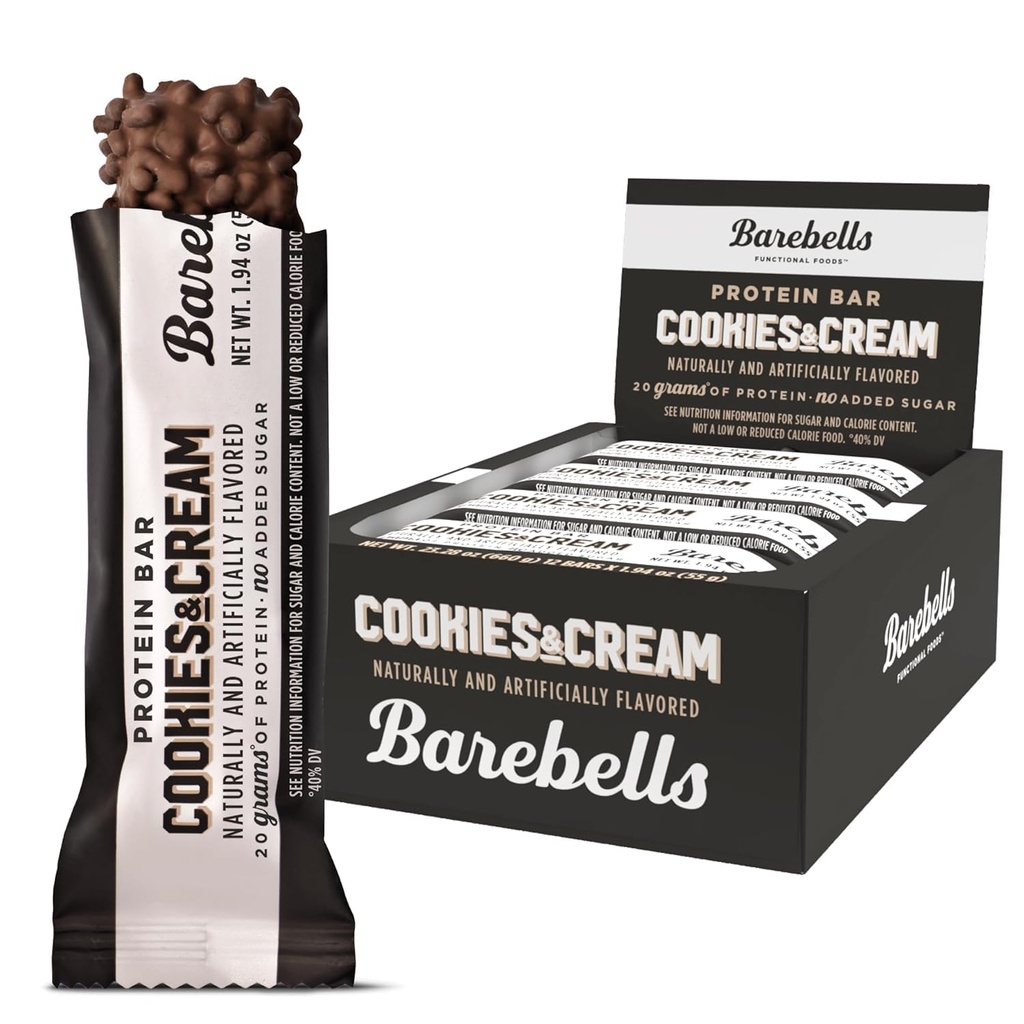 Barebells Protein Bars Cookies & Cream - 12 Count, 20g High Protein Treats - Sjokolade ernæringsbar med 1g Total Sukker - On-The-Go Frokost eller post-Workout Snack