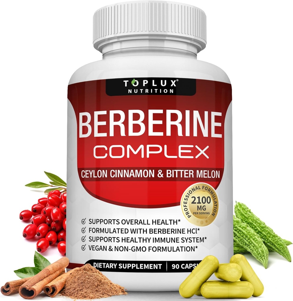 Toplux Berberine med Ceylon kanel og biter Melon 2100mg - høy renhet 97% HCL Berberine Supplement, støtter generell helse og immunsystem, ikke-GMO Vegan 90 kapsler