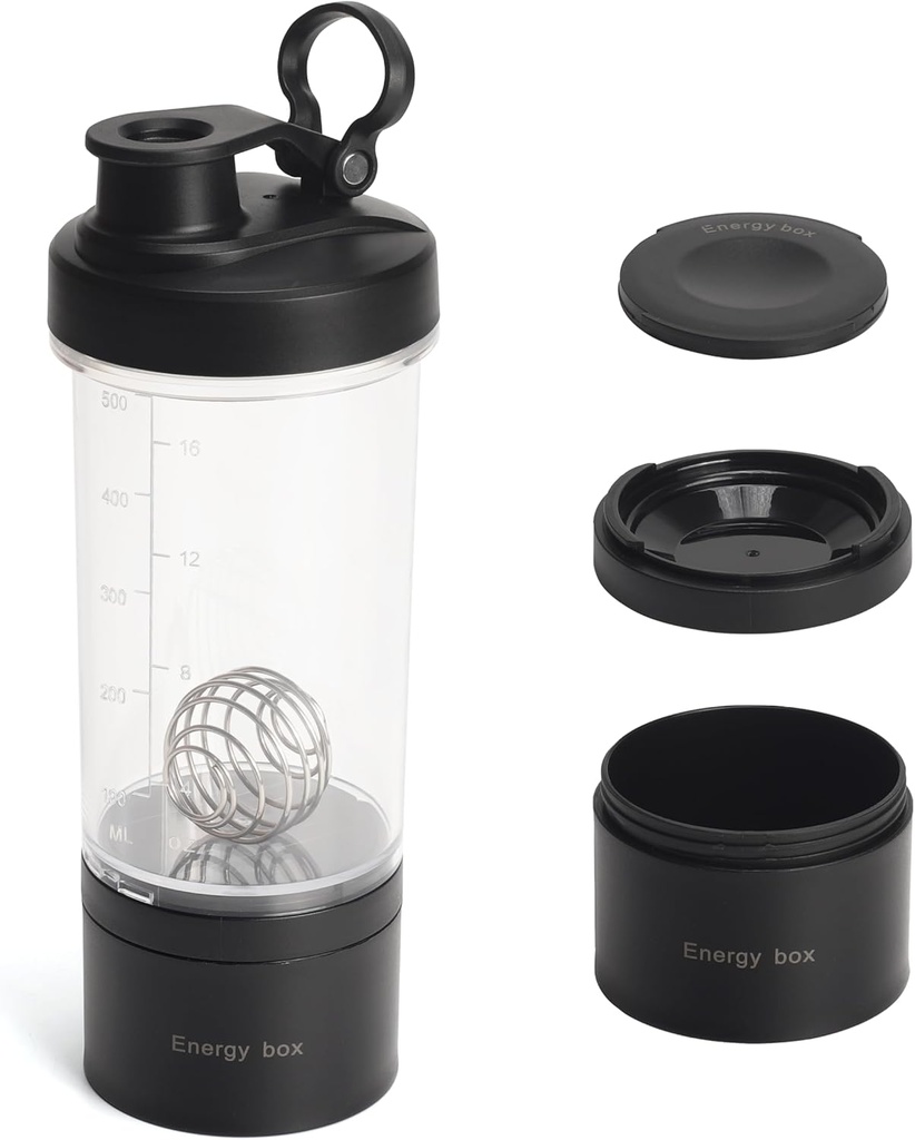 Blender Protein Shaker Tritan flaske med pille/Powder lagringsbeholder for proteinshakes-pre treningsflaske-Mixer Cup-Gym Sport Vannflaske med Wire Whisk Balls Svart
