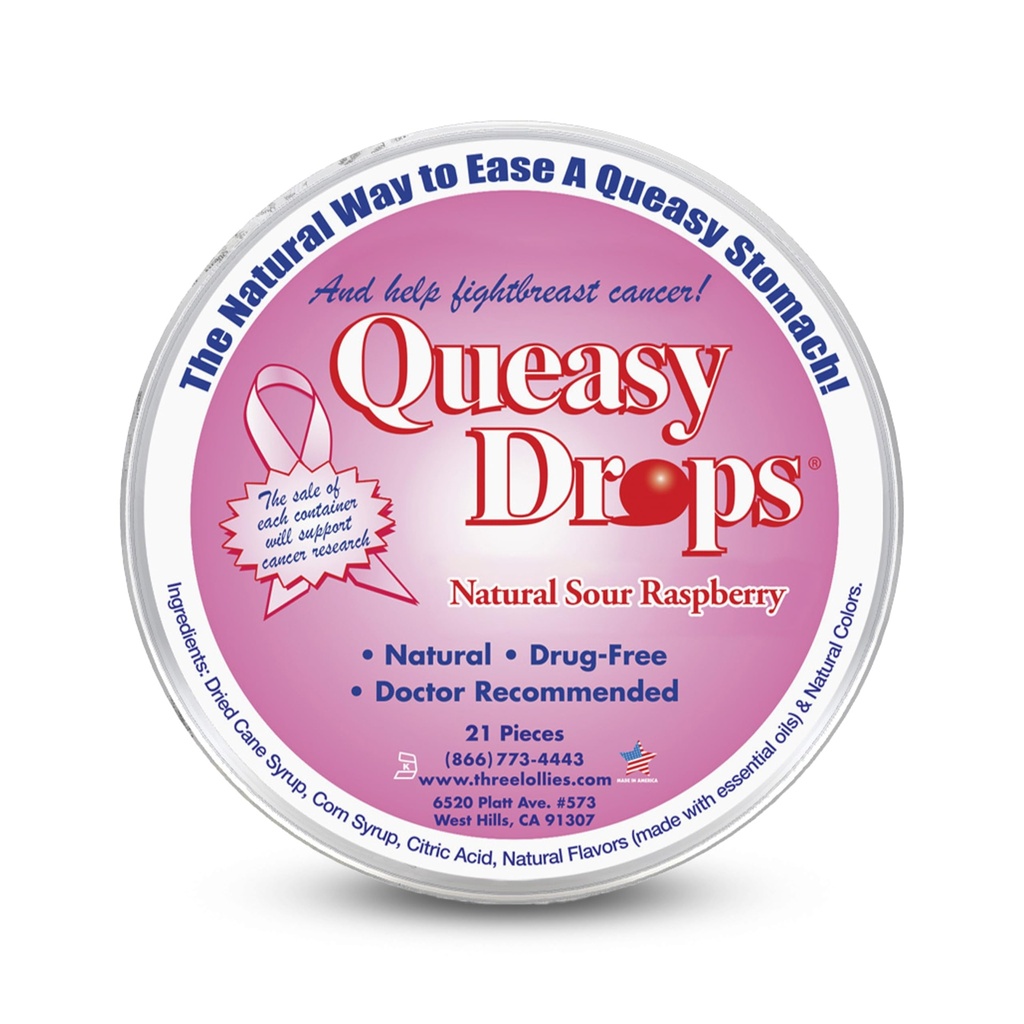 Tre Lollies Queasy drops - Sour Raspberry Flavor - Reise sykelighet og kvalme Relief, Soothes Mage & Tørr Munn, naturlige ingredienser - 21 ct