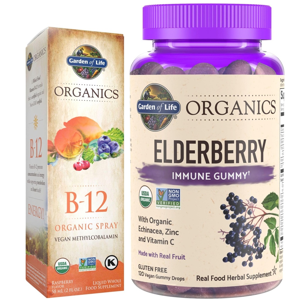 Livshage Organics Elderberry Immune Gummies, 120 Count & B12 Vitamin bringebær Spray, 500mcg, 2oz