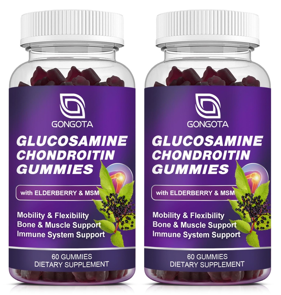 Glukosamine Chondroitin Gummies - 2- Pack, Ekstra styrke 1500mg Glukosamin med MSM & Elderbær, Fleksibilitetsstøtte, Beste Cartilage & Immune Support Supplement for menn og kvinner - 120 count