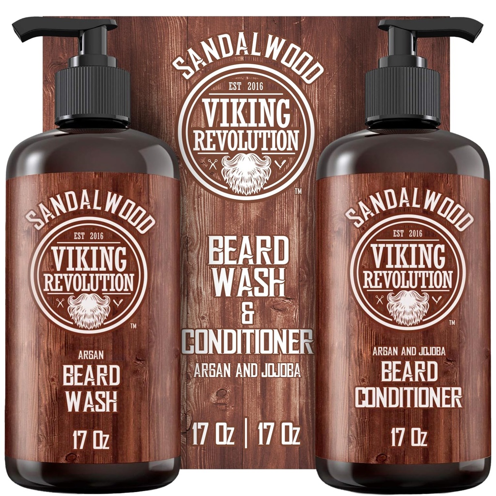 Vikingrevolusjon Beard Wash & Beard Conditioner Sett med Argan & Jojoba Olier - Myker og styrker - Naturlig Sandalwood Scent - Skjegg Shampoo med Beard Oil (17 oz)