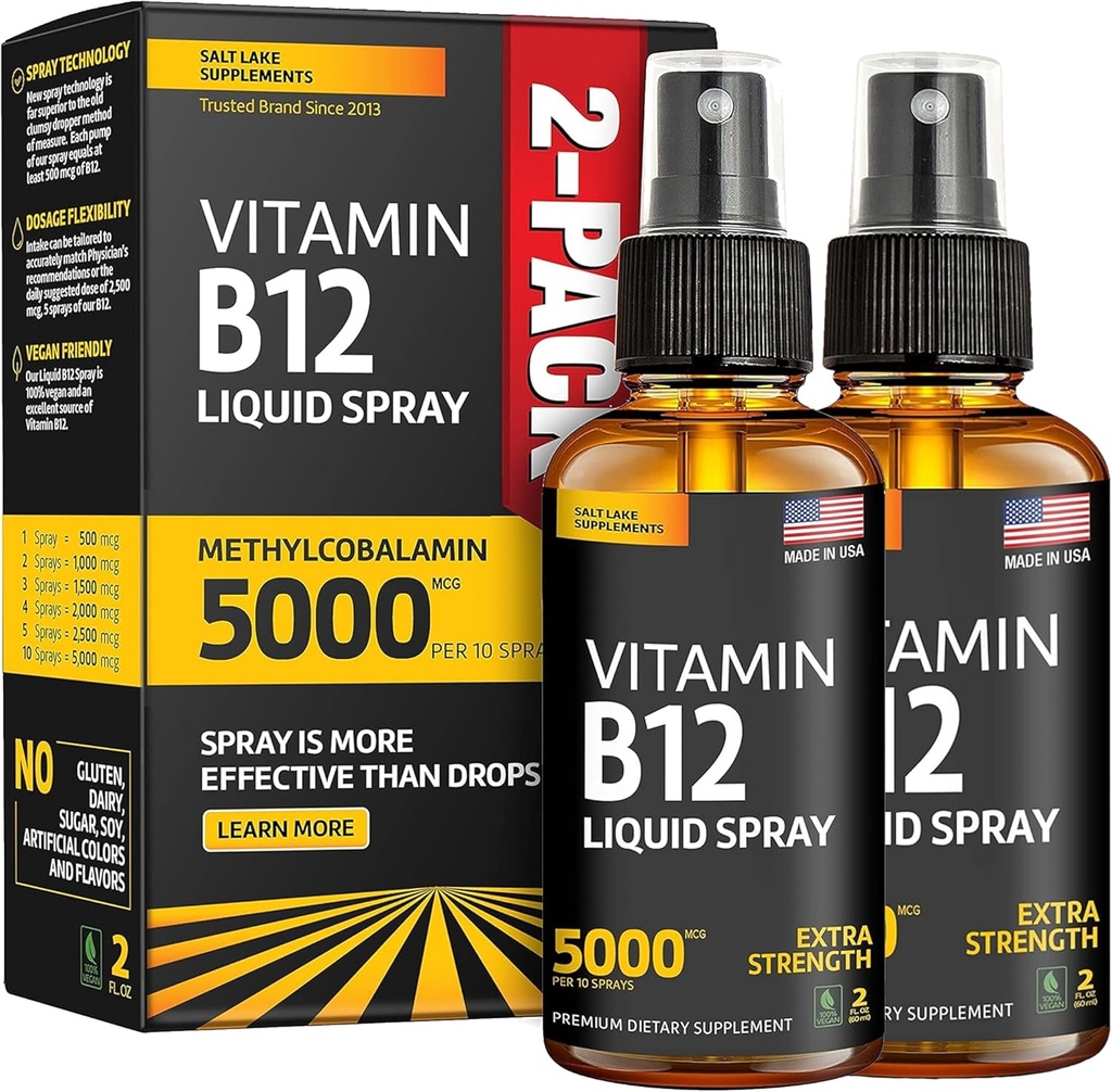 (2 pakke) - Væske B12 Spray 5000 mg - vitamin B12 Sublingual - Vegansk B12 Vitamin Spray - Metylkobalamin vitamin B12 Flytende Økninger Energi & Mood - Glutenfri og ikke-GMO