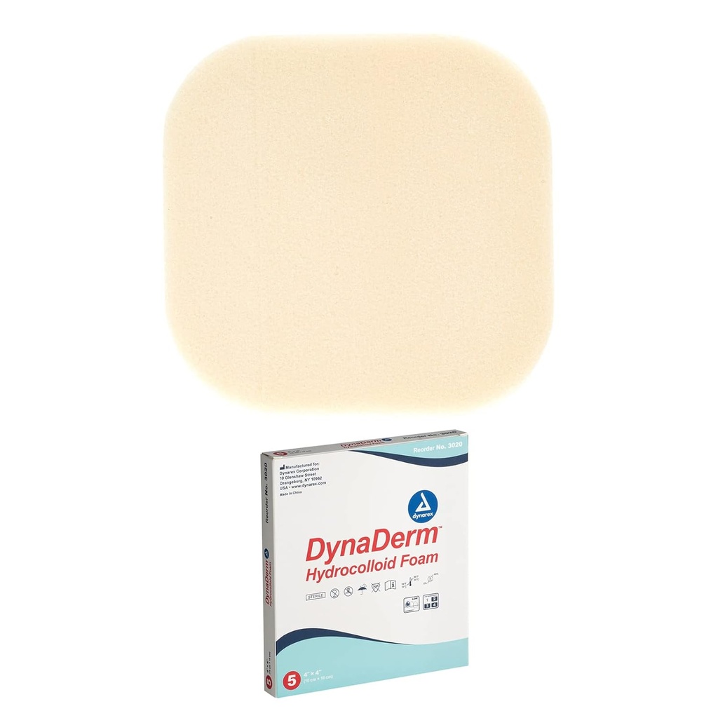 Dynarex DynaDerm Hydrokolloid Dressings, Sterile Moist Bandages brukt for alle typer sår, 4" x 4", Foam & Latex-Free, Peel-Down Patches - 1 eske med 5 kjoler